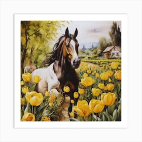 Horse In The Yellow Tulips Field Art Print