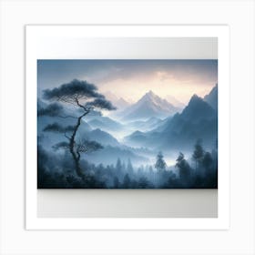 "A serene and misty mountain landscape." Wall Art4 Art Print