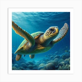 A photo of a sea turtle swimming gracefully through a coral reef. The turtle is surrounded by colorful fish and coral, and the sun is shining brightly overhead. The water is crystal clear, and you can see the turtle's reflection on the surface. The turtle is a beautiful creature, and it is clear that it is enjoying its swim. Art Print