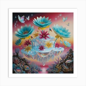 A Surreal Scene Featuring Giant Flowers Sprouting From Floating Islands With An Interesting Blend Of Coral Reefs, Butterflies, And Stars 2 Art Print