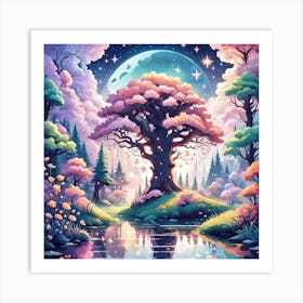 A Fantasy Forest With Twinkling Stars In Pastel Tone Square Composition 297 Art Print