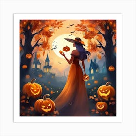 Halloween Girl With Pumpkins 1 Art Print