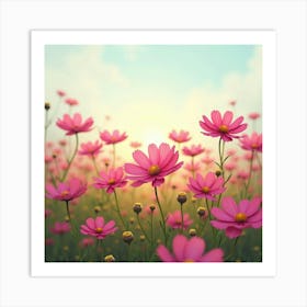 A Field Of Blooming Cosmos Flowers With A Soft, Dreamy Sky 3 Art Print