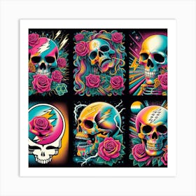 Grateful Dead Art: This artwork is inspired by the American rock band Grateful Dead, known for their eclectic style and psychedelic imagery. The artwork features a colorful skull with roses, a symbol of the band’s logo and album covers. The artwork also has some musical notes and stars in the background, representing the band’s musical influence and legacy. This artwork is suitable for fans of Grateful Dead or classic rock music, and it can be placed in a living room, bedroom, or music studio. 3 Art Print