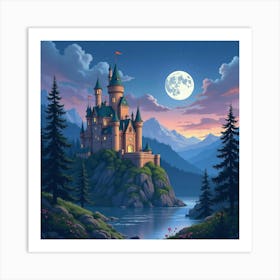 Fairy Tale Castle In A Watercolor Twilight Scene 1 Art Print