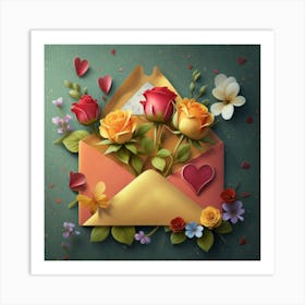 An open red and yellow letter envelope with flowers inside and little hearts outside 6 Art Print