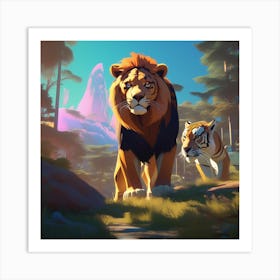 An Animated Scene Of Lions Tigers And Bears Designed In The Style Of Greg Rutkowski Loish Rhads 79795844 (1) Art Print