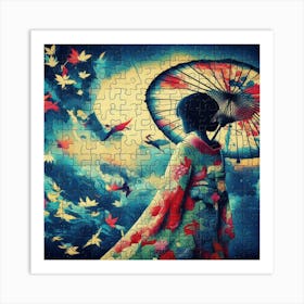 Abstract Puzzle Art Japanese girl with umbrella 2 Art Print