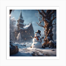 Snowman In The Forest Art Print