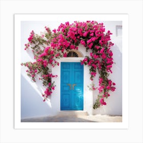 Blue Door With Pink Flowers Art Print