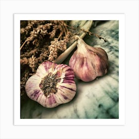 Two Garlics On A Marble Table Art Print