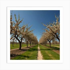 A Peaceful Orchard With Fruit Trees In Full Bloom And A Clear Blue Sky Art Print