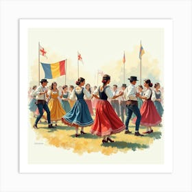 Romanian Dancers Performing In An English Festival, Watercolor Scene 1 Art Print