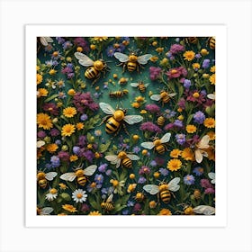 Bees Colony Flowers Art Print