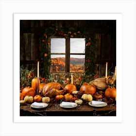 Autumn Feast Featuring Roasted Turkey Garnished With Fresh Herbs Surrounded By Carved Pumpkins Din Art Print