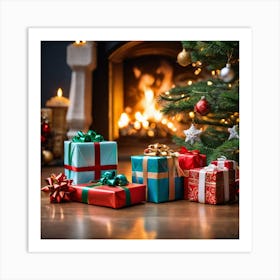 Christmas Presents Under Christmas Tree At Home Next To Fireplace Miki Asai Macro Photography Clos (10) Art Print