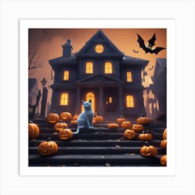 Halloween Cat In Front Of House 12 Art Print