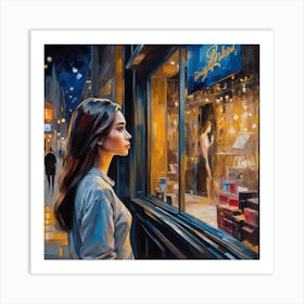 Photo Beautiful Young Woman Looking At The Shop Window At Night 0 Art Print