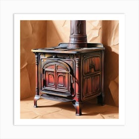 A Highly Detailed, Vibrant, Rough Color Pencil Sketch Of An Old, Rusted, Wooden Burning Stove Art Print