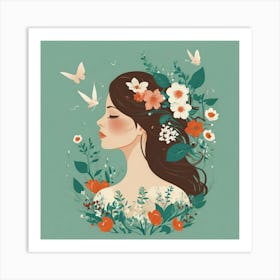Woman With Flowers And Butterflies Art Print