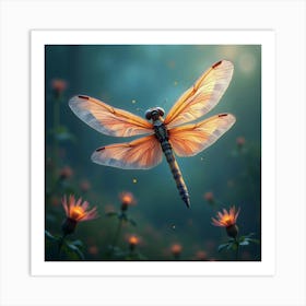 A Whimsical Dragonfly With Wings Of Glowing, Fractal Colors Fluttering Through A Dreamlike Meadow Art Print