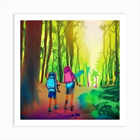 Two Hikers In The Forest Art Print
