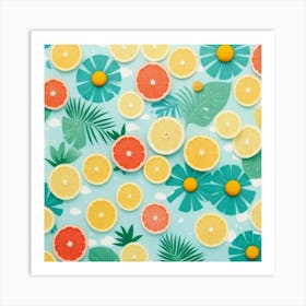 Citrus Slices On A Blue Background Art Print