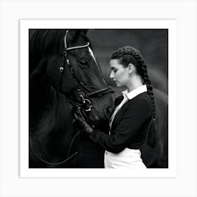 Black And White Photograph Of Woman In Equestrian Attire Black Jacket White Breeches Black Leathe Art Print