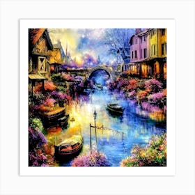 Harbor of Harmony: The Blossom-lit Canal Art Print