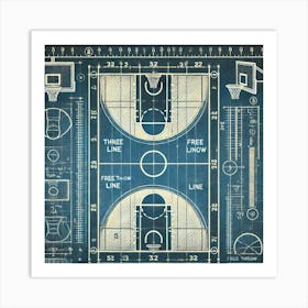 Basketball Court Blueprint Printed Art A Technical Illustration Of A Basketball Court Blueprint, Perfect For Adding A Strategic And Stylish Element To Any Basketball Enthusiast’S Space Printed Art Art Print