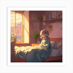 Anime Girl Listening To Music In Bed Art Print