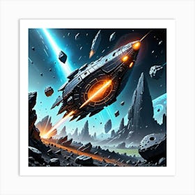 A futuristic spaceship flying through a field of asteroids, dodging massive rocks illuminated by the light of a nearby star. Art Print