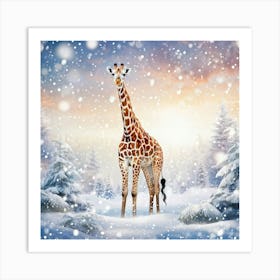 Giraffe Covered In A Dusting Of Snow Standing Tall In A Winter Wonderland Snowflakes Gently Fallin Art Print