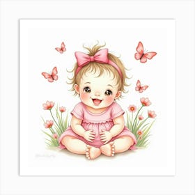 Watercolor Baby Girl With Pink Bows, Surrounded By Flowers And Butterflies Art Print