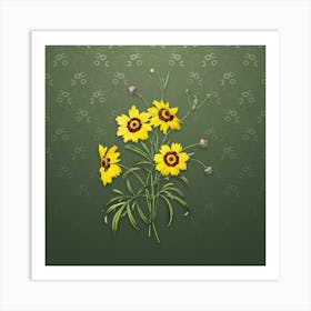 Vintage Coreopsis Elegans Botanical on Lunar Green Pattern Art Print