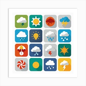 Set Of Flat Weather Icons With Long Shadows Art Print