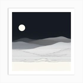 Moonlight Over The Mountains, Wavy Wave, black and white design with attracting art , wall art , tails design Generate An Abstract Design With Soft Curved Lines In Neutral Tones Emphasizing Simplicity Art Print