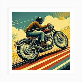 A Guy Riding A Motorcycle Fast Around A Curve Retro Art Stlye 4 Art Print