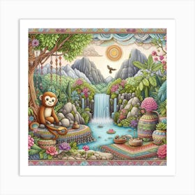 Monkey at the waterfall, Boho style 1 Art Print