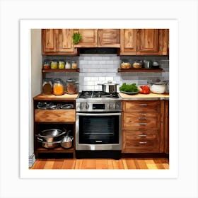 Kitchen With Wooden Cabinets Art Print