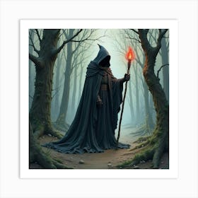 Black Magic Warlock In Twisted Forest, Watercolor, Eerie 1 Art Print