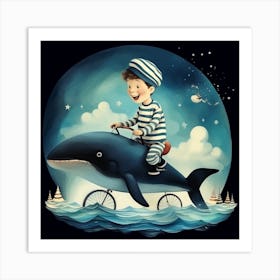 Little Boy Riding A Whale Art Print