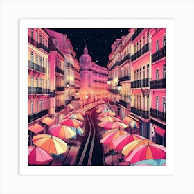 Lisbon Street At Night Art Print