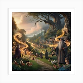 An Enchanting Fantasy Digital Painting Depicting An Elven Village With Woodland Creatures, Wizards, And Magic Visual Effects Portrayed In Jrr Tolkien Style 1 Art Print