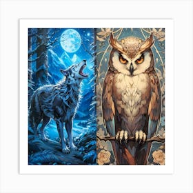 Owl And Wolf Art Print