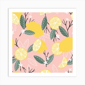 Lemon Pattern On Pink With Flowers And Branches Square Art Print