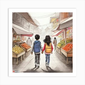 Two People Walking In A Market Art Print