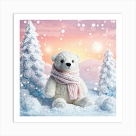 Polar Bear Cub Bundled Up In A Knitted Oversized Scarf And A Fluffy Snow White Bobble Hat Soft In Art Print