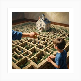 An Adult Hand Pointing Towards A House At The Center Of A Large, Intricate Labyrinth, Observed By A Young Boy Art Print