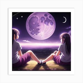 Two Girls Looking At The Moon Art Print